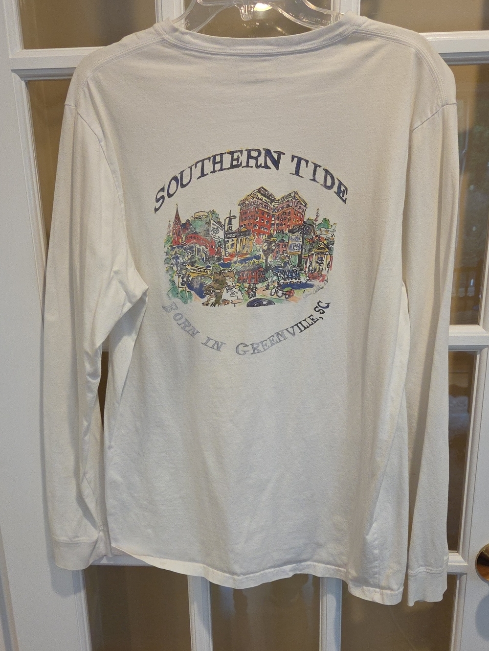 Southern Tide White Long Sleeve Tee with Multicolor Cityscape Graphic - Size: L